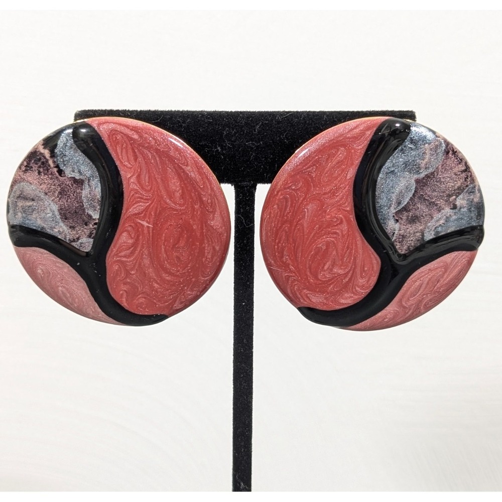 Vintage Bold Pink Enamel Swirl Black Round Earrings Statement Pierced